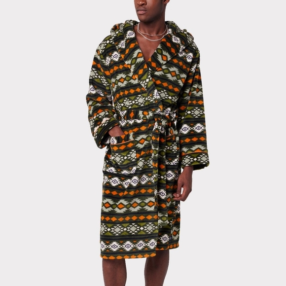 Fleece Green Aztec Print Hooded Dressing Gown - Picture 3 of 4